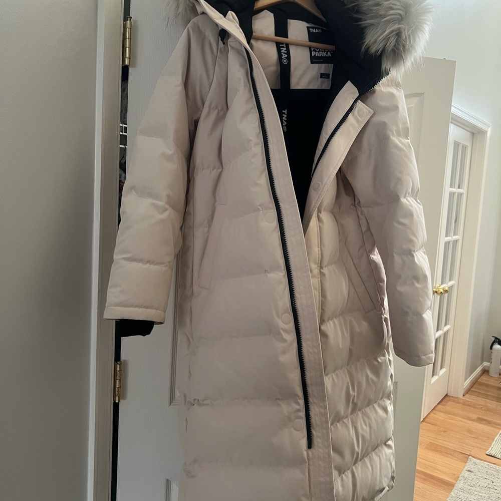Aritzia TNA Cream Puffer Jacket with Fur Hood